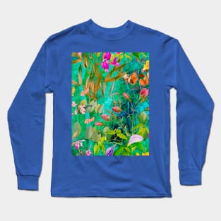 Cool tropical floral leaves botanical illustration, tropical plants,leaves and flowers, aqua turquoise leaves pattern Long Sleeve T-Shirt